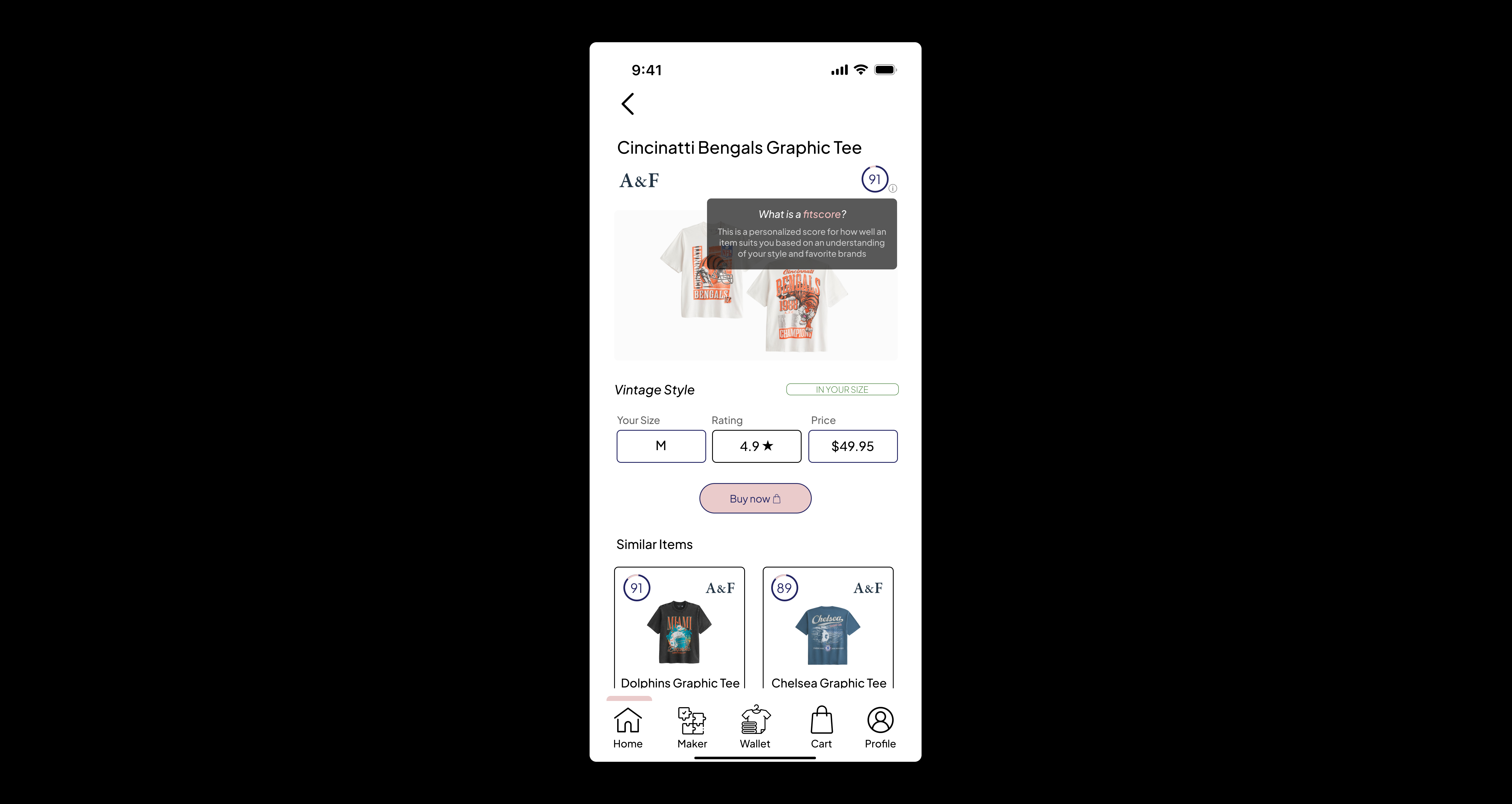 Fit Score tooltip explaining the score is a personalized match for style and favorite brands